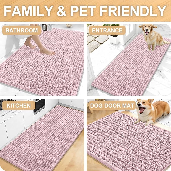 OLANLY Large Bathroom Rugs 59x35, Thick Soft Absorbent Chenille Bath Rugs | Dusty Rose, Quick-Drying Rubber Backing, Shaggy Bath Mat, Machine Washable for Floor, Tub and Shower, Home Decor Accessories