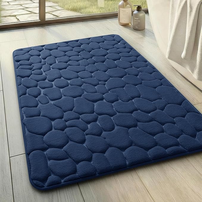 Memory Foam Bath Mat Cobblestone Bathroom Rugs Super Water Absorbent Bath Mats for Bathroom Machine Washable Bath Rugs(17x24,Dark Blue)