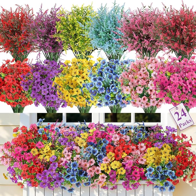 SHareconn 24 Bundles Artificial Flowers for Outdoors UV Resistant Decor | Realistic Silk Violet Lavender, UV Resistant Fake Flowers, Ideal Spring Decor for Patio Porch, Yard Planter & Home, 6 Colors