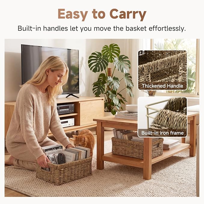 StorageWorks Wicker Baskets for Organizing,Seagrass Baskets for Decor,2Pack | Rectangle Wicker Baskets for Organizing, Wicker Storage Baskets for Shelves, Decorative Baskets,Seagrass Baskets with Handles