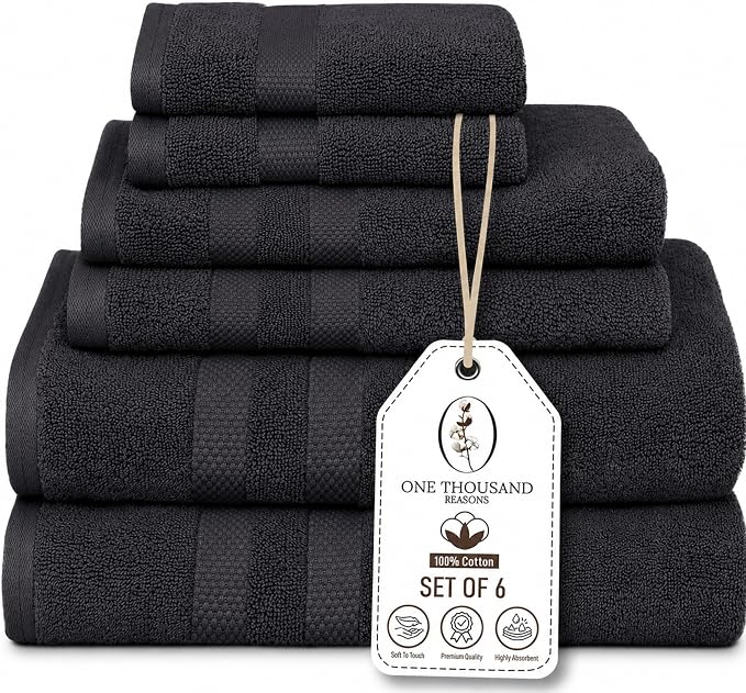 Premium Staple Cotton Bathroom Towel Set - Dark Gray 600 GSM 6-Piece Luxury Bath Towel Set 3 Stripe - 2 Bath Towels, 2 Hand Towels & 2 Washclothes Set - High Absorbent & Quick Dry for Gym, Spa, Hotel
