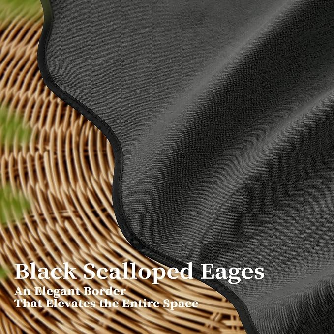 Extra Long Scalloped Linen Textured Shower Curtain, 72x96, Charcoal | Extra Tall Size, 230GSM Waterproof Polyester, Heavy Duty Fabric, 12 Plastic Hooks, Boho Farmhouse Style, Machine Washable