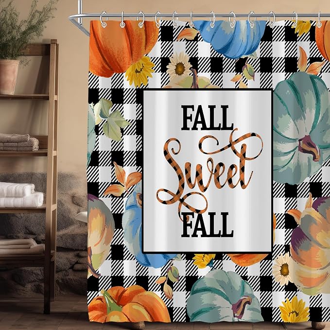 Fall Pumpkin Harvest Autumn Shower Curtain for Bathroom 72W*72H Inch Thanksgiving Rustic Black White Buffalo Plaid Maple Bathtub Autumnal Decor Waterproof Polyester Fabric Set with 12 Hooks