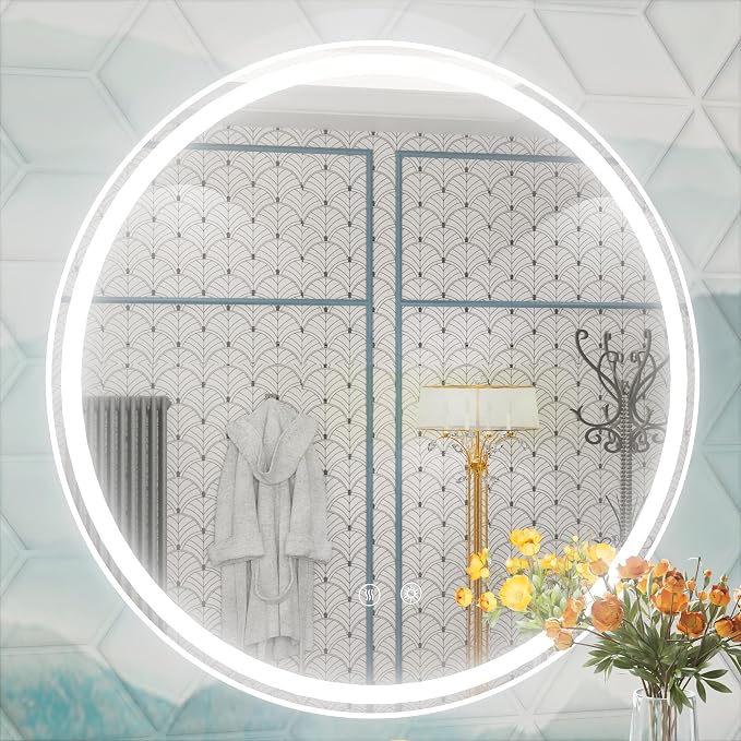 28 Inch Round LED Bathroom Mirror with Front & Backlit Lights | ETL Listed‌, Frameless 5mm HD Glass, Adjustable Brightness, Anti-Fog, Memory Function, CRI 90+, IP54 Waterproof