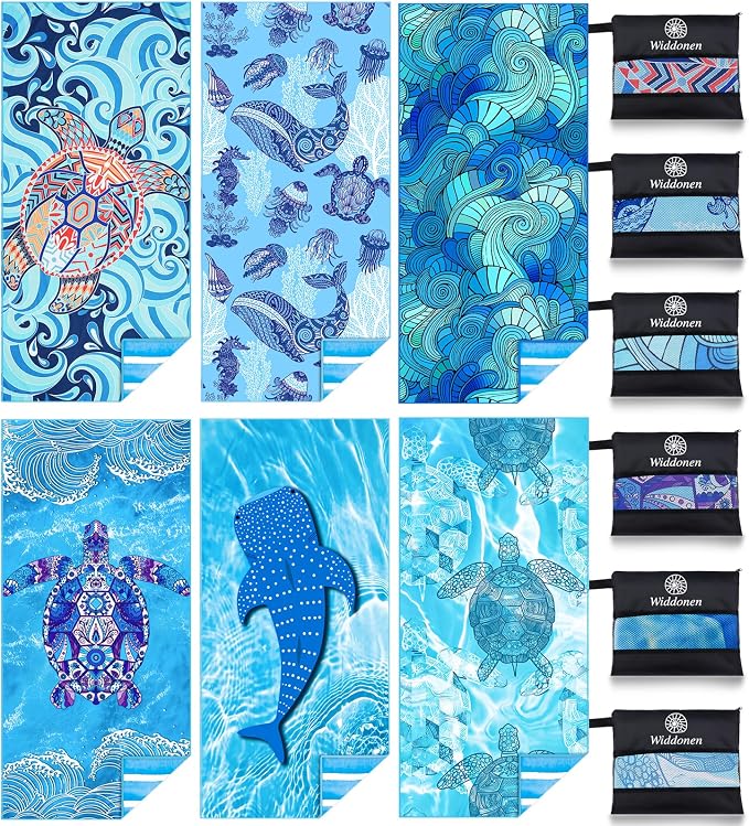 Widdonen Microfiber Beach Towel,Compact 6 Pack-71x32 Inch with Bag Travel | Extra Large,Lightweight,Thin,Sand Free,Quick Dry,Absorbent.Packable for Camping,Swim,Pool,Bath,Picnic,Cruise Essentials Gift