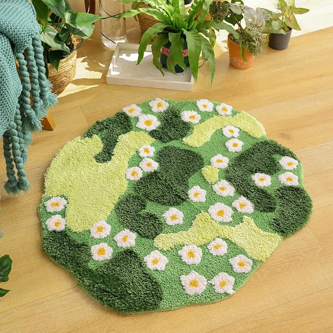 YIKUSH Moss Rug, Cute Green Plant Bath Mat with White Flowers, 29x26 Inch | Round Rugs, Bathroom Decor Aesthetic, Absorbent, Machine Washable, Non Slip Bath Mat for Bedroom Shower Floor Home Decor
