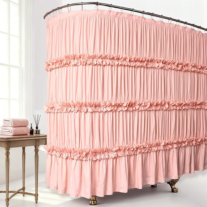 Extra Wide Shower Curtain 108"W x 72"L with 18 Buttonholes | Vintage Handcrafted Bow Tie Bath Curtain for Bathroom and Clawfoot Tub, Victorian Ruffle Bathroom Curtain, Peach (LQ-10)