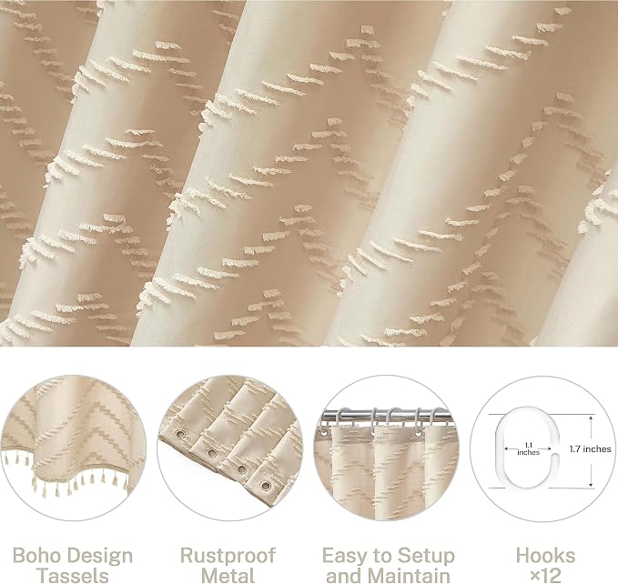 Siiluminisoy Extra Long Beige Boho Shower Curtain with Tassel, Woven Fabric 90 in, Tufted Chevron Striped, 72 x 90, Modern Chic Textured Minimalist Bathroom