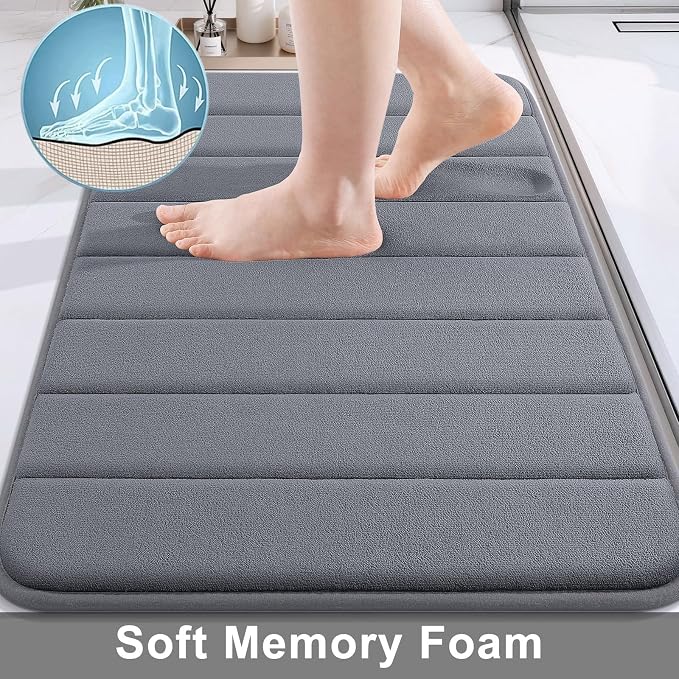 Buganda Memory Foam Bath Mat 31.5 x 20, Ultra Soft Absorbent Bathroom Rugs | Dark Grey, Machine Washable Quick Dry Bath Mats for Bathroom Floor, Shower and Tub, Home Decor Accessories