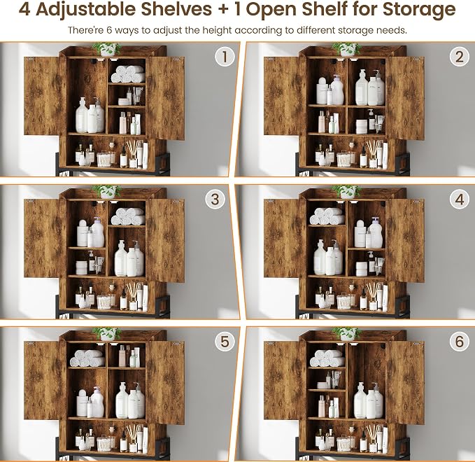Over The Toilet Storage Cabinet with Metal Stand, Rustic Brown | Toilet Paper Holder, 3 Extra Hooks, Anti-Tipping Device, With Adjustable Shelves, for Bathroom, Restroom, Laundry