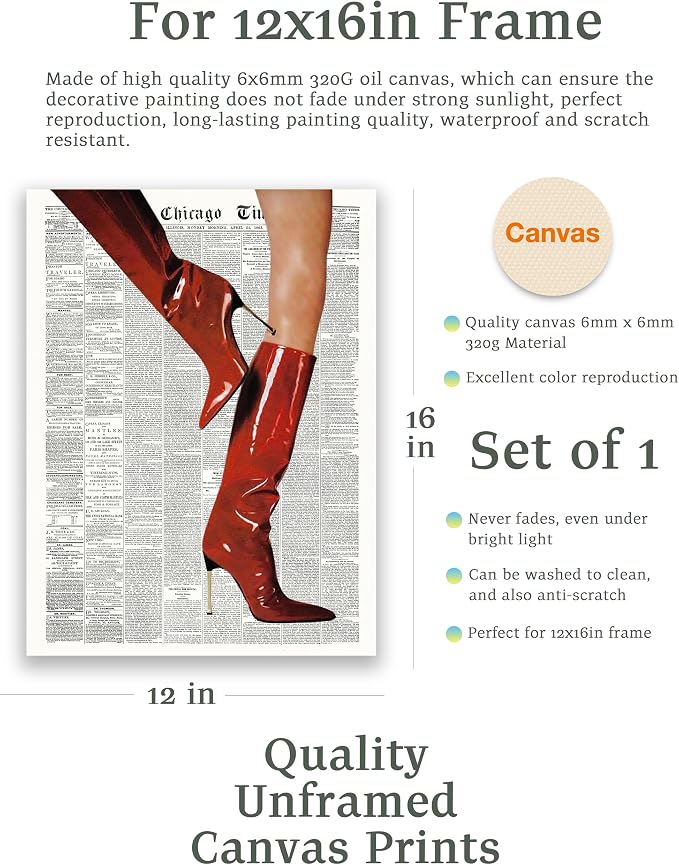 EcoHest 12x16 in Red Boots Newspaper Canvas Art | Unframed Canvas Print, Fashion Magazine Wall Decor for Bedroom, Apartment, Dorm Room, College Room, 1Pack
