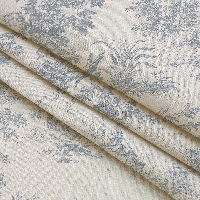MUGINYU Ruffle Linen Shower Curtain with Blue and White Toile de Jouy for Vintage French Country Bathroom Decor Shabby Chic Chateau Toile Pattern 72x72 Inches