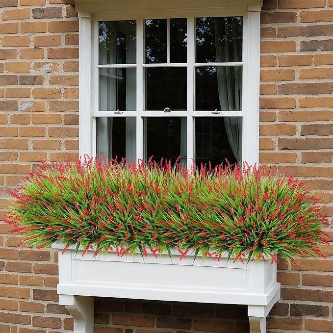 Ivydale 20PCS Artificial Plants Fake Flowers Monkey Grass for Outdoors,UV Resistant Realistic Red Faux Greenery Shrubs Outside Decor for Home Garland Porch Patio Balcony Planter Yard Office Pathway