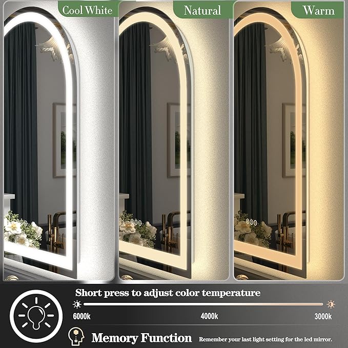 32x42 Inch Arched LED Bathroom Mirror | Dimmable LED Lighted Bathroom Vanity Mirror, Backlit and Frontlit, Anti-Fog, 3 Colors, Memory, Shatter-Proof, ETL Listed