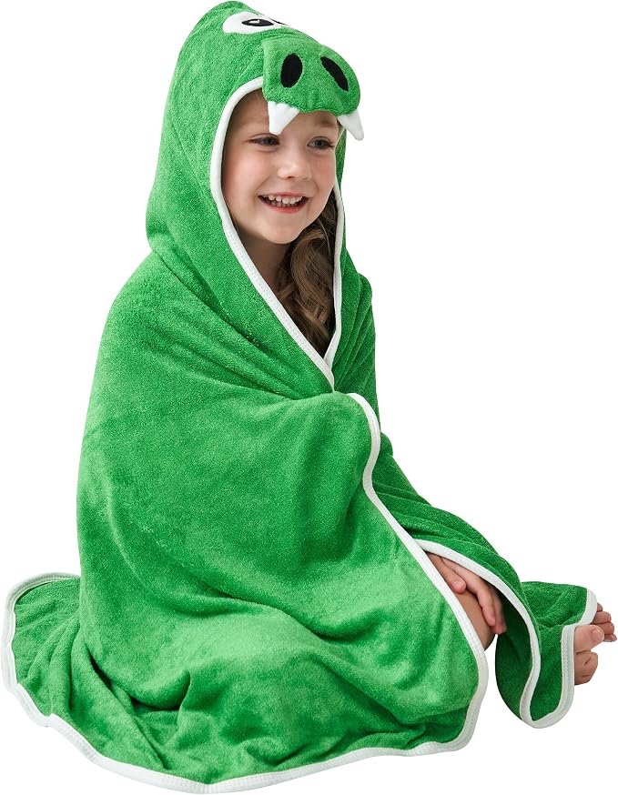 HIPHOP PANDA Ultra Soft Hooded Baby Towel - 2-Layer Thick 500GSM Absorbent | Rayon Made from Bamboo, Hooded Bath Towel for Newborn, Infant, Toddler, Baby Registry - Dinosaur, 30x30 In