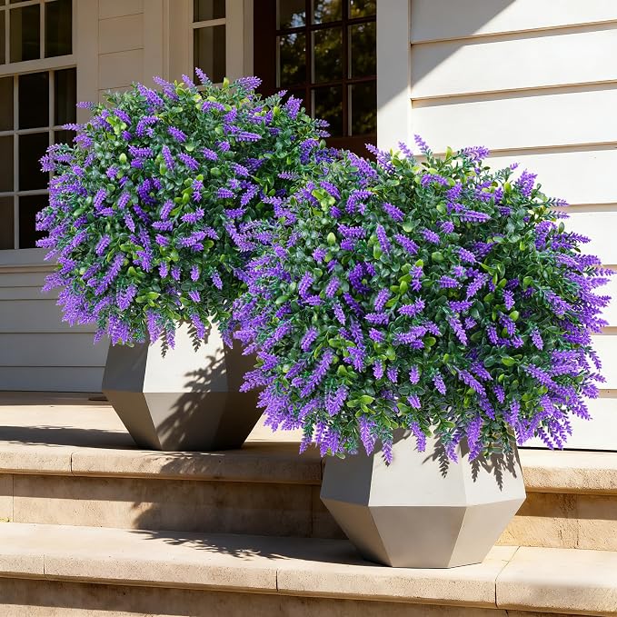 Artificial Boxwood Topiary Ball Lavender, Set of 2 UV Resistant | Fake Shrubs Bushes with Ground Spike, Faux Greenery Flower, Evergreen Fake Plants for Outdoor Indoor Front Porch Garden