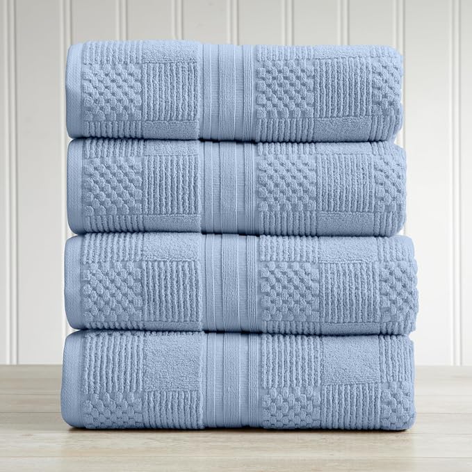 100% Cotton Bath Towel Set | 4-Pack | Textured | Blue | Luxury Geometric Design | Absorbent & Quick-Dry Bathroom Towels | Textured and Durable Cotton Towels for Bathroom | OEKO-TEX