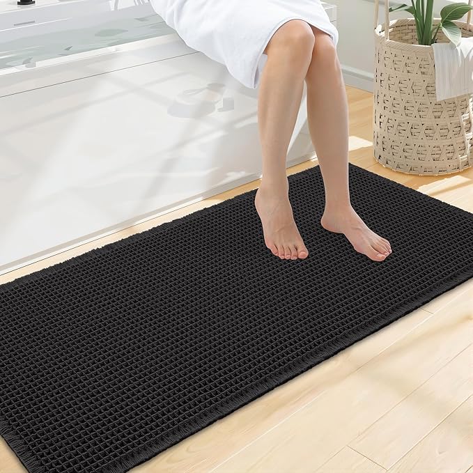 Smiry Waffle Bath Mat 47X20, Extra Soft Absorbent Bathroom Rugs, Black | Non Slip Machine Washable Quick Dry Bath Rugs for Bathroom Floor, Tub, Shower, Home Decor Accessories