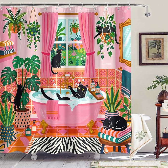 Accnicc Funny Cat Shower Curtain for Bathroom 72 X 78 Inches | Boho Cute Fun Black Cats Long Shower Curtains, Tropical Plant Pink Bathroom Decor, Water-Resistant Washable Polyester Fabric