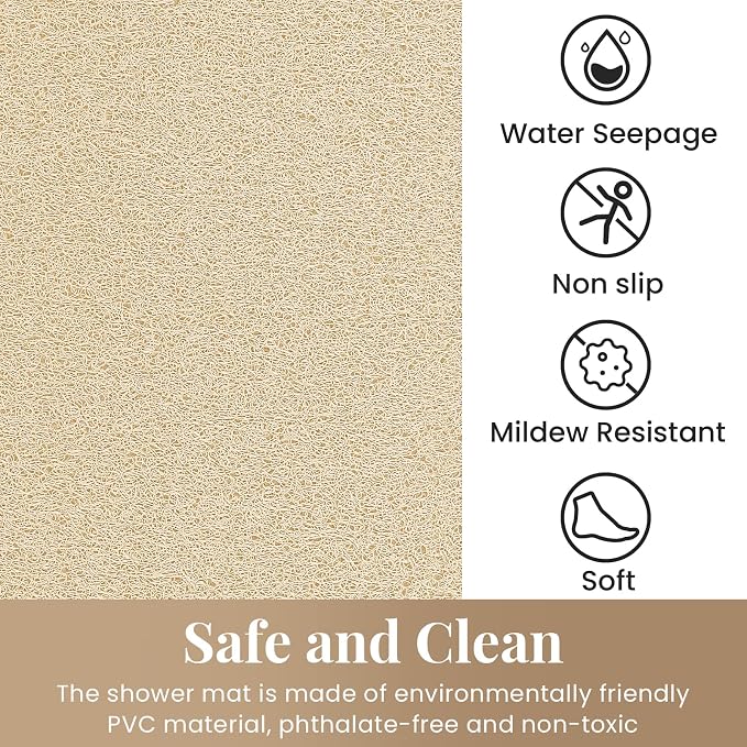 SoftDuo Shower Mat Bathtub Mat Non-Slip Soft Tub Mat | 32x24 inch,PVC Loofah Bath Mat with Drain for Tub and Bathroom,Quick Drying,Khaki