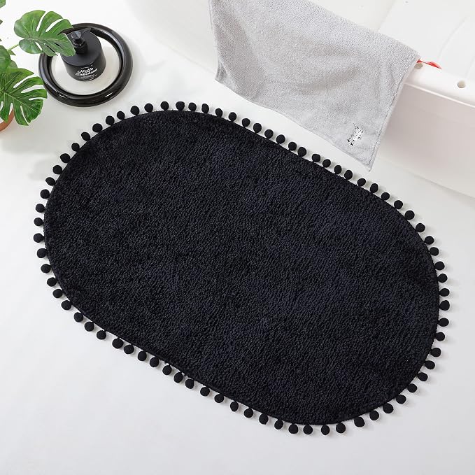 YIRDDEO Oval Rug for Bathroom, Cute Boho Bath Mat with Pom, Black | Soft Plush, Absorbent, Quick Dry, Machine Washable, Non Slip Bath Mat for Bathroom Shower Floor Home Decor