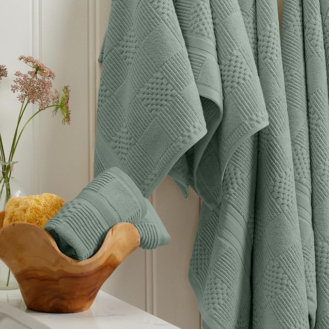 100% Cotton Bath Towel Set | 4-Pack | Textured | Green | Luxury Geometric Design | Absorbent & Quick-Dry Bathroom Towels | Textured and Durable Cotton Towels for Bathroom | OEKO-TEX