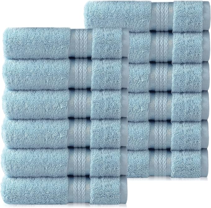 COTTON CRAFT Ultra Soft Washcloths - 12 Pack 100% Ringspun Cotton Facecloth | Large 12x12 Light Blue Washcloths - Plush 580 GSM Absorbent Quick Dry Everyday Luxurious Wash Towels for Baby Spa Gym Travel