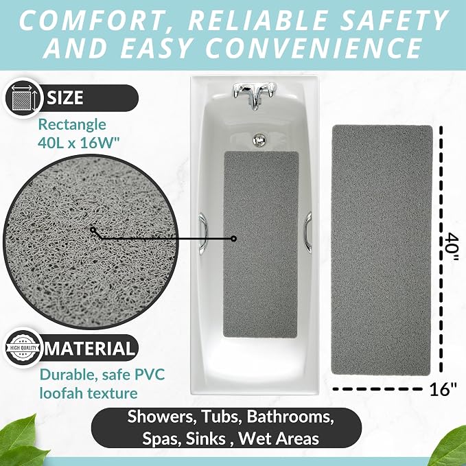 Non Slip Bathtub Mat Shower Mat for Tub - Loofah Bath Mats for Bathroom - 40x16 Bathtub Floor Mat - Textured Anti Slip Bath Mat Without Suction Cups - Secure Mat for Wet Areas (40x16 Gray)