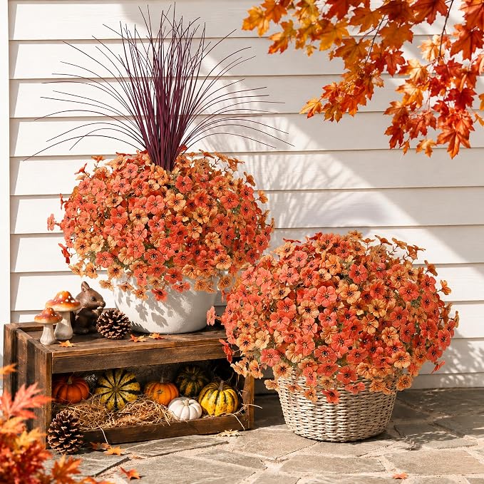 florisso Artificial Fall Flowers Fake Mums for Outdoor Autumn Decor | 12 Bundles Faux Silk Orange Yellow Mums Daisy + 1 Pc Reddish‑Brown Straw, UV Resistant for Outside Home Porch Patio Planter