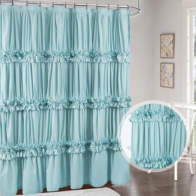 Spa Blue Ruffle Shower Curtain with 12 Buttonholes | Vintage Handcrafted Bow Tie Bath Curtain for Master Bathroom, Ruched Microfiber Bathroom Curtain, 72" W x 72" H (LQ-10)