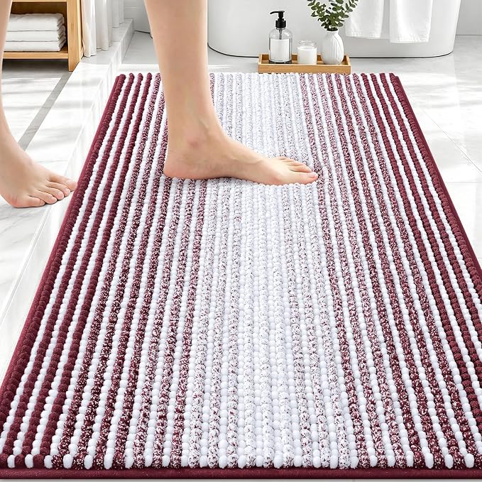 OLANLY Bathroom Rugs 30x20, Soft Chenille Striped Bath Rugs, Burgundy | Extra Absorbent, Rubber Backing, Machine Wash Dry, Bath Mats for Bathroom Floor, Tub and Shower, Home Decor Accessories