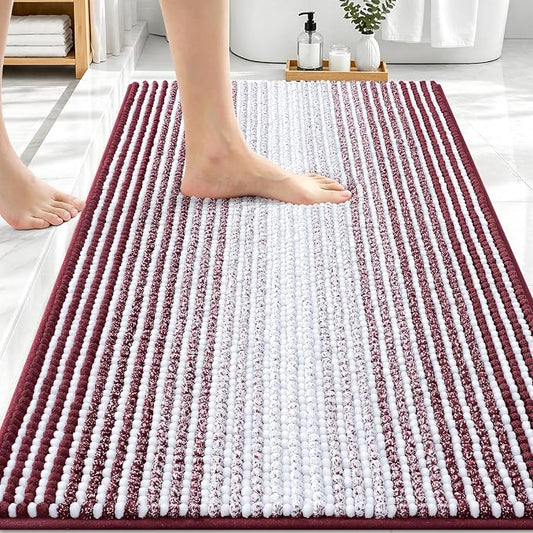 OLANLY Bathroom Rugs 30x20, Soft Chenille Striped Bath Rugs, Burgundy | Extra Absorbent, Rubber Backing, Machine Wash Dry, Bath Mats for Bathroom Floor, Tub and Shower, Home Decor Accessories