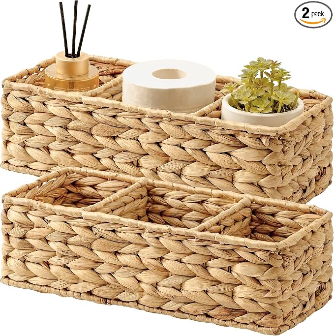 StorageWorks Toilet Paper Basket, 3-Section Water Hyacinth Storage Baskets | Wicker Basket, Toilet Paper Storage for Back of Toilet Tank, Woven Baskets for Shelves, Wicker Baskets with 3 Compartments