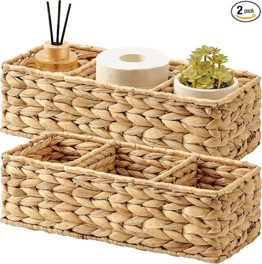 StorageWorks Toilet Paper Basket, 3-Section Water Hyacinth Storage Baskets | Wicker Basket, Toilet Paper Storage for Back of Toilet Tank, Woven Baskets for Shelves, Wicker Baskets with 3 Compartments