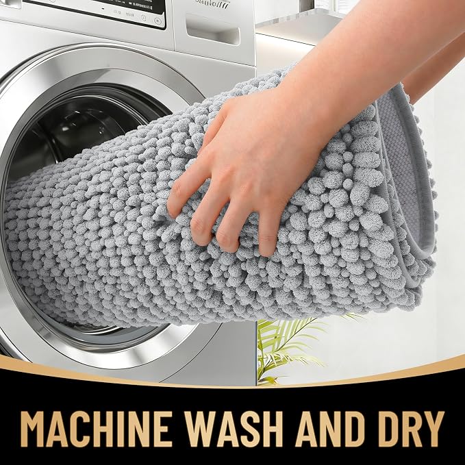 OLANLY Thick Chenille Bathroom Runner Rugs Mats 47x24, Light Grey | Soft Absorbent Bath Rugs, Rubber Backing, Machine Wash Dry, Bath Mats for Bathroom, Tub and Shower, Home Decor Accessories