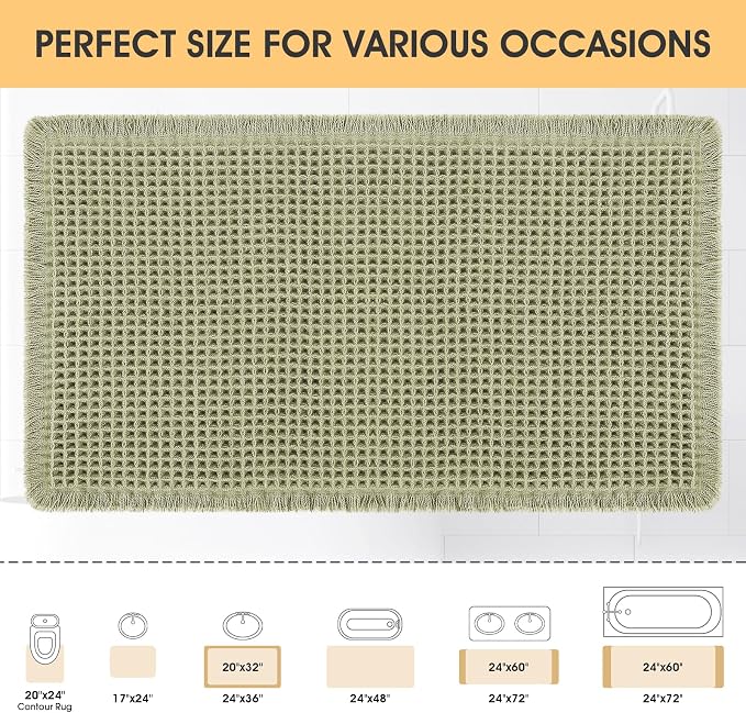 Waffle Bath Mat Green 24"x17",Boho Woven Modern Bath Mat Rugs, Absorbent Non Slip Bathroom Rugs, Soft Washable Bath Rugs with Tassels for Bedroom, Kitchen, Shower, Tub