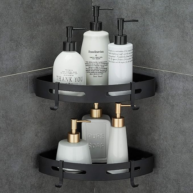 Adhesive Corner Shelf Bathroom Shower Caddy Organizer for Kitchen Toilet No Drilling 2-Tier Bathroom Corner Shelves Shower Caddies | For Kitchen Toilet No Drilling 2-Tier Bathroom Corner Shelves Shower Caddies Black