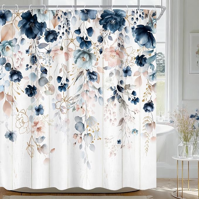 Rustic Floral Spring Summer Blue Pink Bathroom Shower Curtain Set | 72"W x 72"L Flower Wildflower look, waterproof HD printed shower curtain, quick-dry fabric and free hooks.