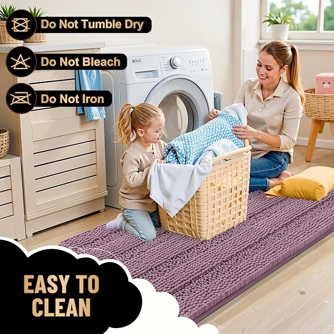 OLANLY Thick Bathroom Runner Rugs 70x24, Soft Chenille Bath Rugs, Deep Plum | Absorbent Striped, Rubber Backing, Machine Wash, Long Bath Mats for Bathroom Floor, Tub and Shower, Home Decor Accessories