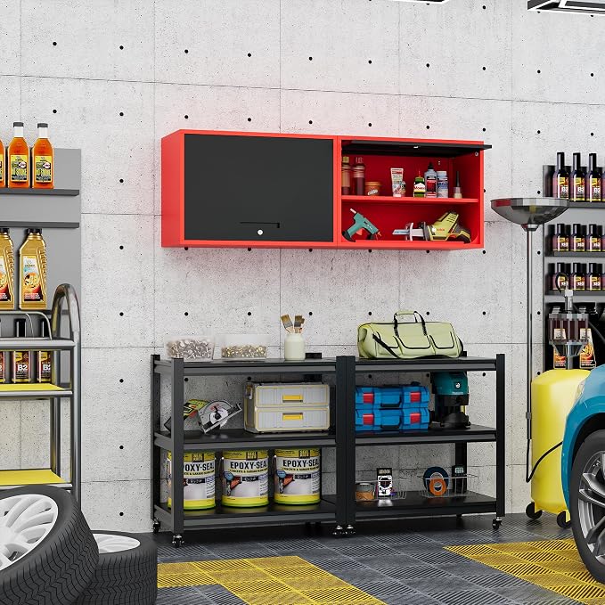 Fesbos Metal Storage Cabinet Black Red Wall Cabinets with Shelf and Locking Door - Wall Mounted Storage Cabinet for Garage Warehouse Home Office - Assembly Required