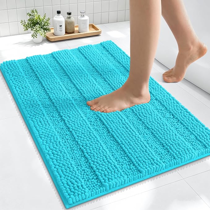 Smiry Thick Small Chenille Bathroom Rugs 24x16, Soft Bath Mat, Aqua Sky | Quick‑Dry & Machine Washable, Non‑Slip Bath Carpet, Striped Bath Rugs for Tub & Shower, Modern Home Decor Accessories