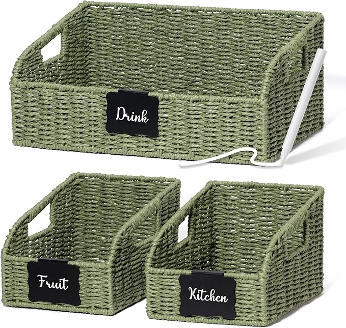 Pantry Organizers, Handwoven Large Wicker Baskets for Shelves, Labeled Storage Baskets for Organizing with Handles - Paper Storage Bins for Shelves, 3 Pack, Green