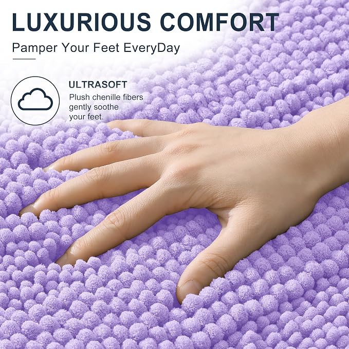 Smiry Thick Chenille Bathroom Runner Rugs 59x24, Soft Bath Mat, Lavender | Quick‑Dry & Machine Washable, Non‑Slip Bath Carpet, Striped Bath Rugs for Tub & Shower, Modern Home Decor Accessories
