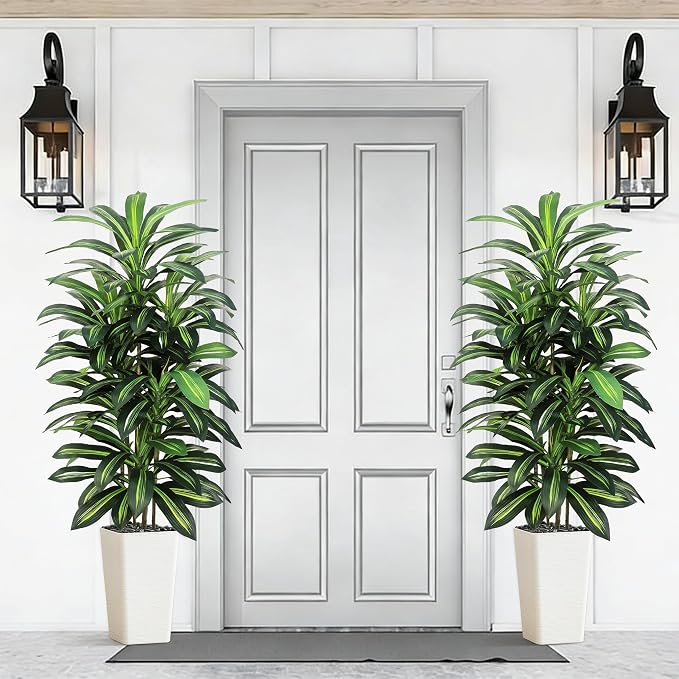 Artificial Dracaena Tree Indoor, 5FT Tall Fake Floor Plants with White Planter, Faux Silk Yucca Tree for Home Office Living Room Bedroom Farmhouse Modern Outdoor Topiary Tree