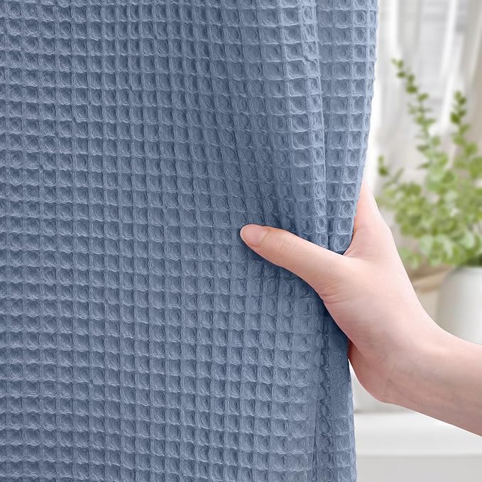 Long Waffle Shower Curtain Heavyweight Cotton Fabric Moonlight Blue 72Wx84L | Soft Cotton Cloth,3D Square Truely Waffle,Washable, Hotel Luxury Spa, Shower Curtains for Narrow Bathroom 12 Plastic Hooks