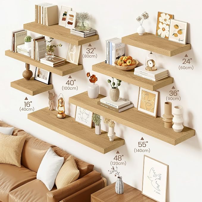 Vivelove Floating Shelves 9 inch Deep 40”Long Set of 2, Oak | Easy Install With Hardware, 1.5" Thick, Invisible Brackets, Wall Mounted, No Sagging, For Any Room