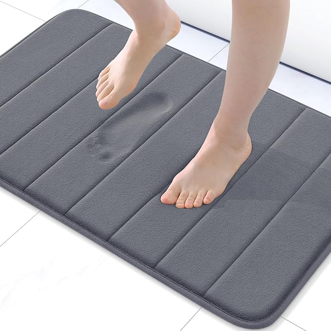 Buganda Memory Foam Bath Mat 31.5 x 20, Ultra Soft Absorbent Bathroom Rugs | Dark Grey, Machine Washable Quick Dry Bath Mats for Bathroom Floor, Shower and Tub, Home Decor Accessories