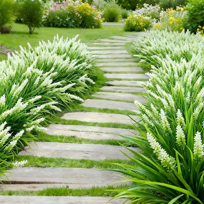 Geegoods 24 Bundles White Artificial Plants Flowers Outdoor, UV Resistant | Faux Plants with Monkey Grass, Realistic Plastic Flowers for Garden Porch Window Box Patio Hanging Planter Decor