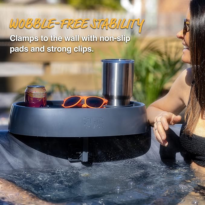 STAR SPLASH Adjustable Hot Tub Table Tray – Heavy-Duty, Nonslip Drink Caddy with Cup Holders - Clamps to Side of Aboveground Bathtub, Spa – Outdoor Patio Accessories and Supplies, 17x10x4 in. | Non-Slip Clamp-On Spa Tray, Rust-Proof Stainless Steel, Ho...