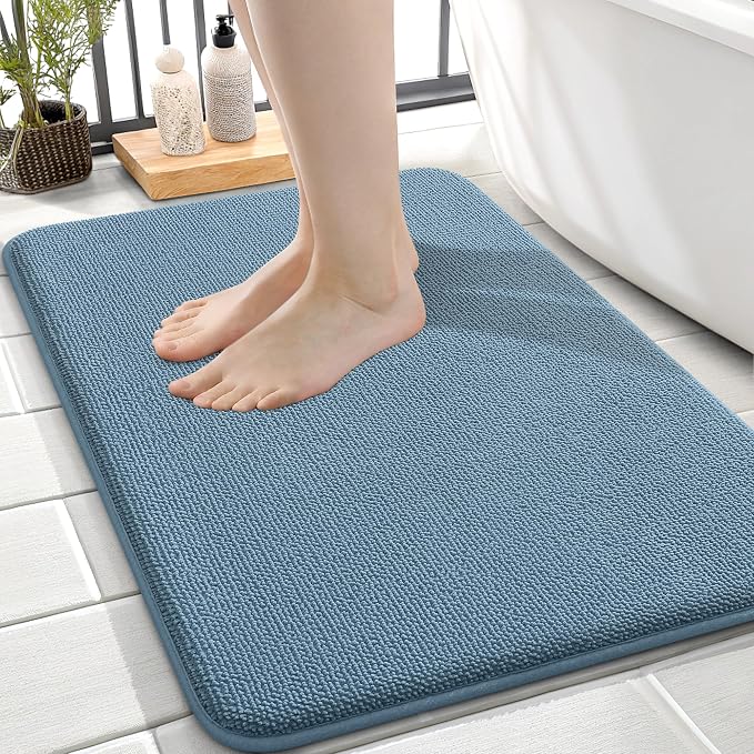 OLANLY Memory Foam Small Bathroom Rugs 24x16, Absorbent Bath Mat, Airy Blue | Soft Quick Dry Bath Rugs, Non-Slip Carpet, Machine Washable Mat for Bathroom Floor, Tub and Shower, Home Decor Accessories